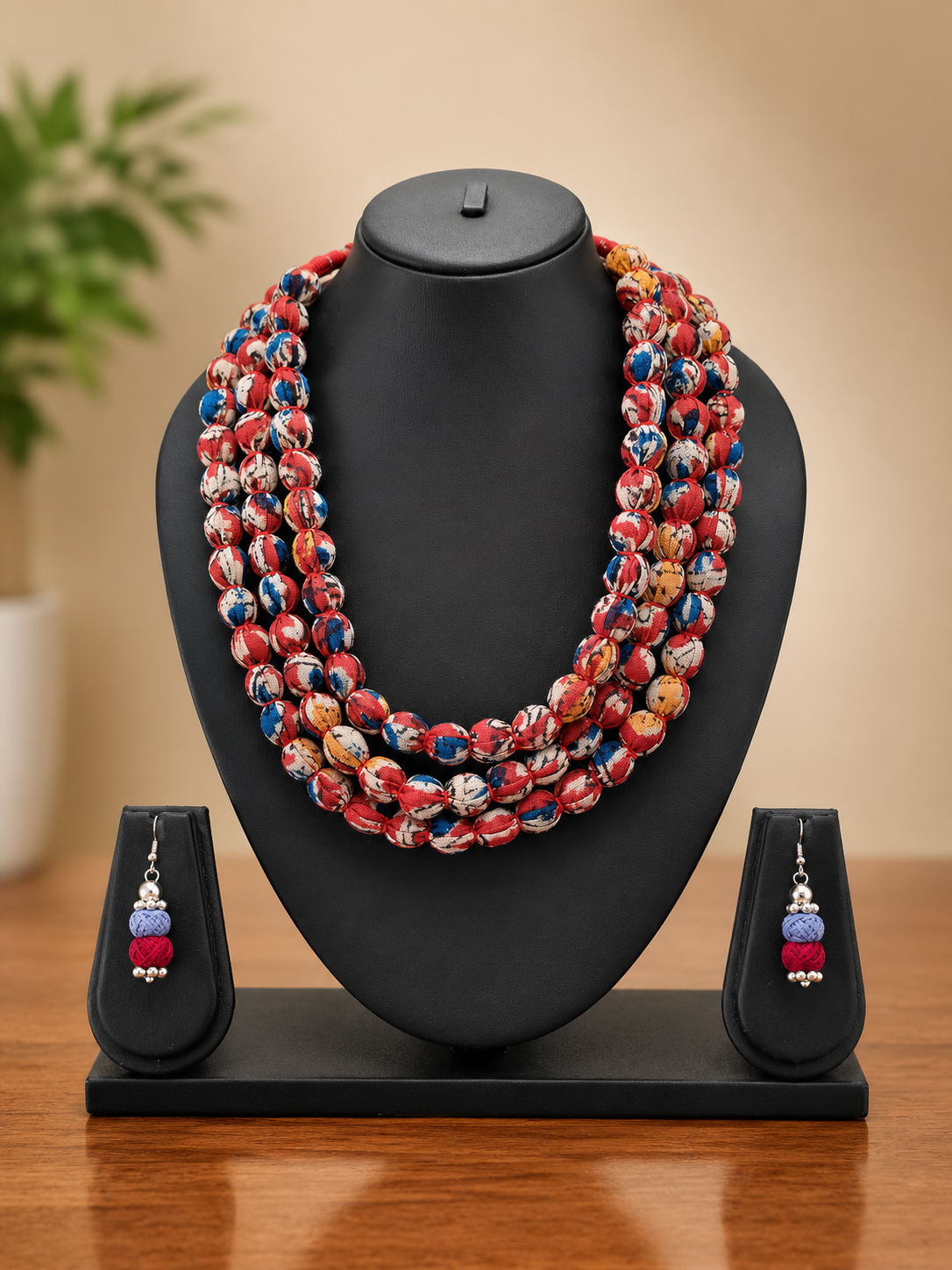 Fabric Beaded Layered Necklace Set