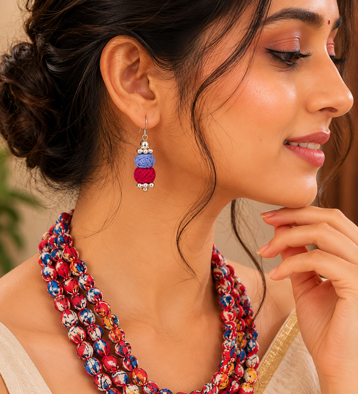Fabric Beaded Layered Necklace Set