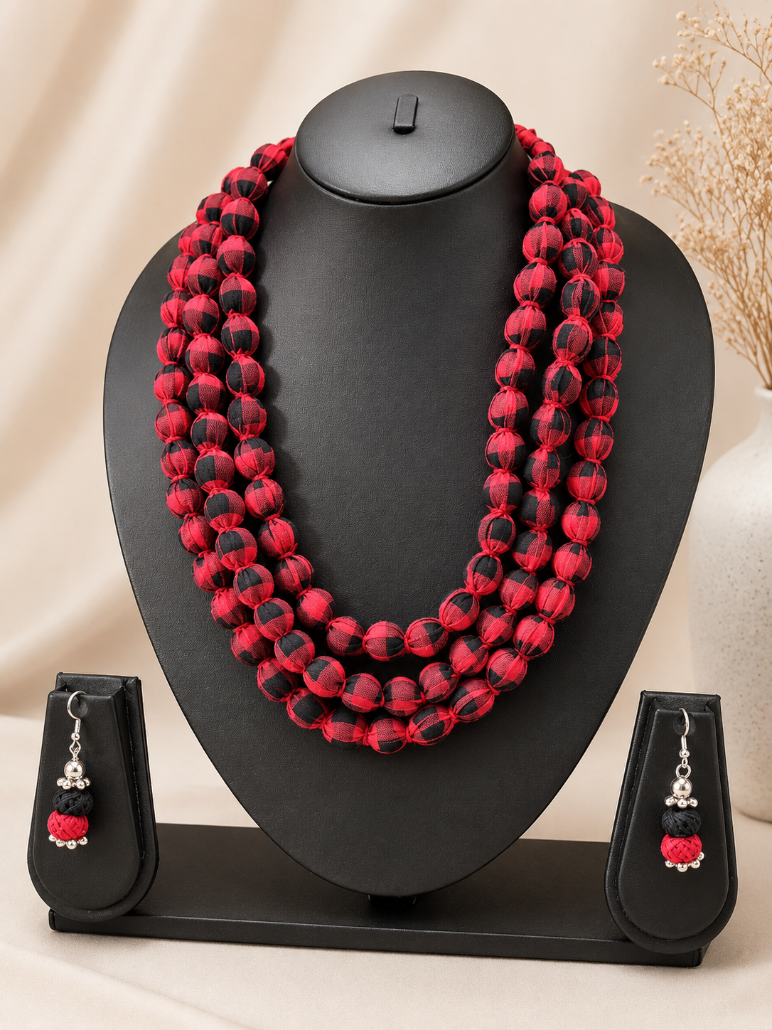 Fabric Beaded Layered Necklace Set