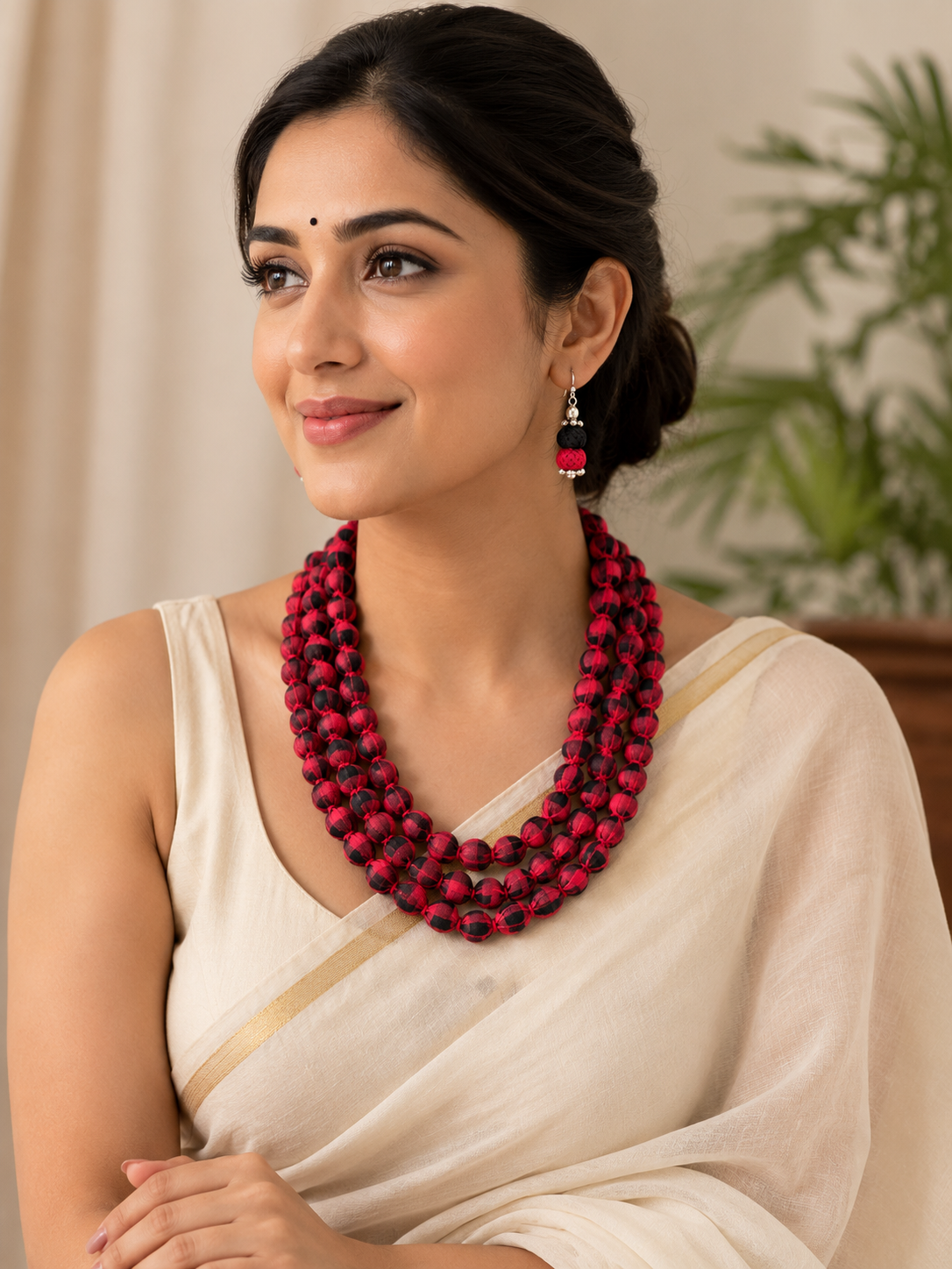 Fabric Beaded Layered Necklace Set