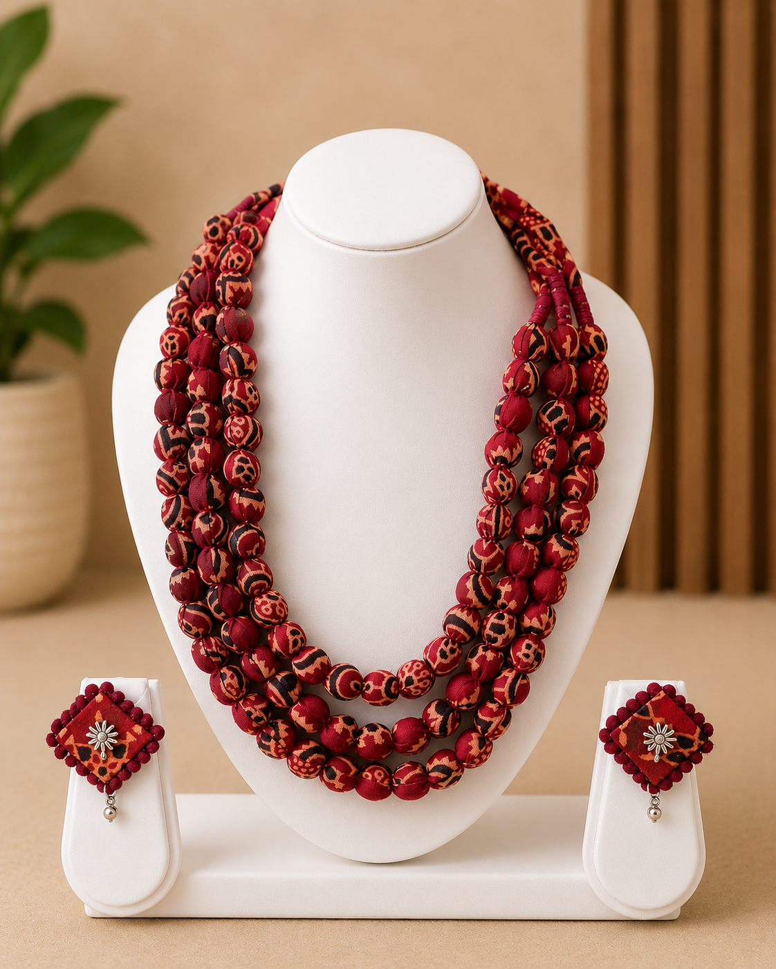 Fabric Beaded Layered Necklace Set