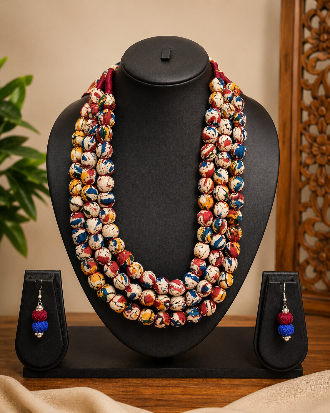 Fabric Beaded Layered Necklace Set