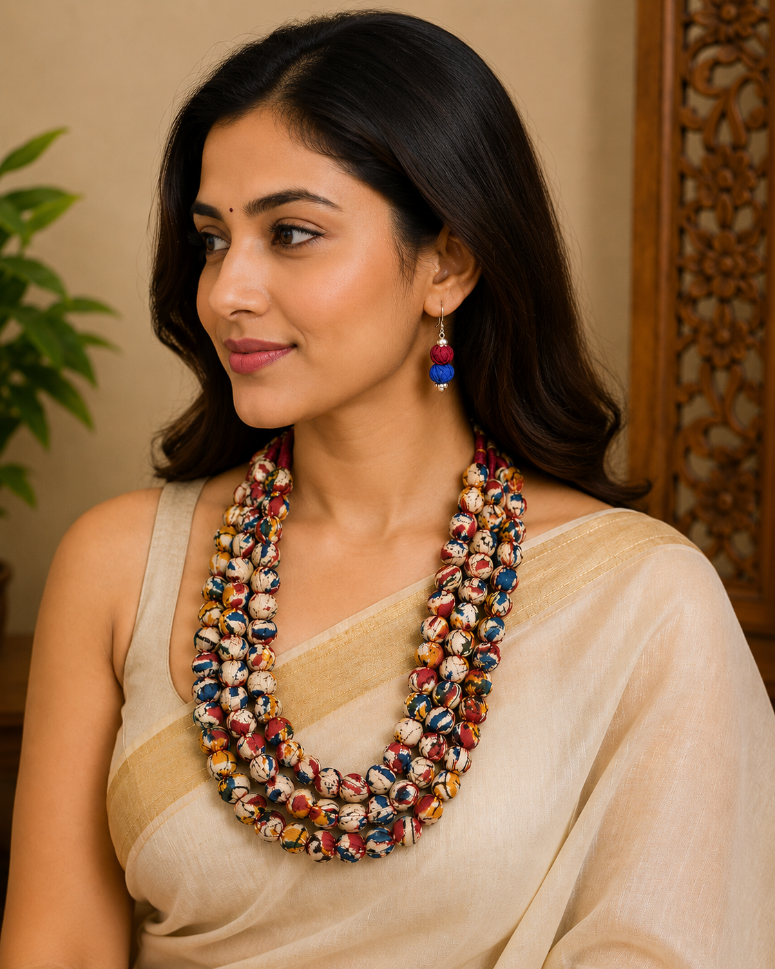 Fabric Beaded Layered Necklace Set
