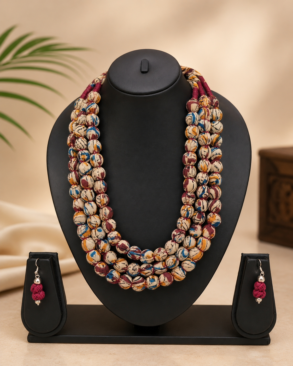 Fabric Beaded Layered Necklace Set