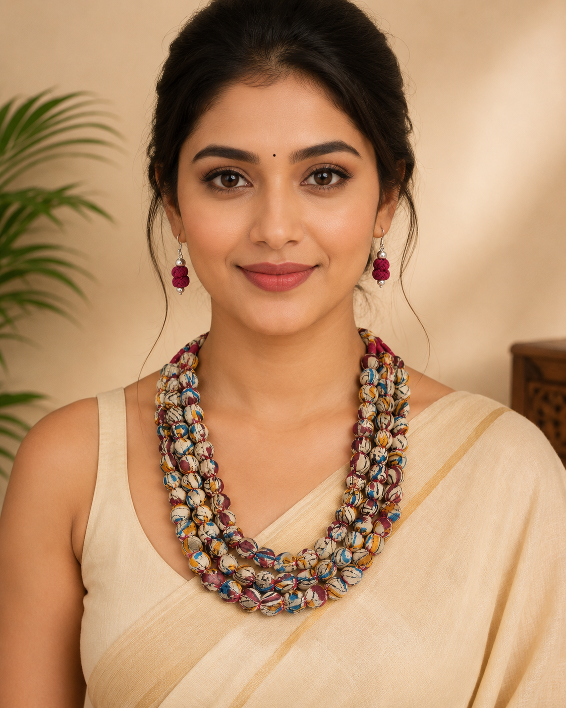 Fabric Beaded Layered Necklace Set