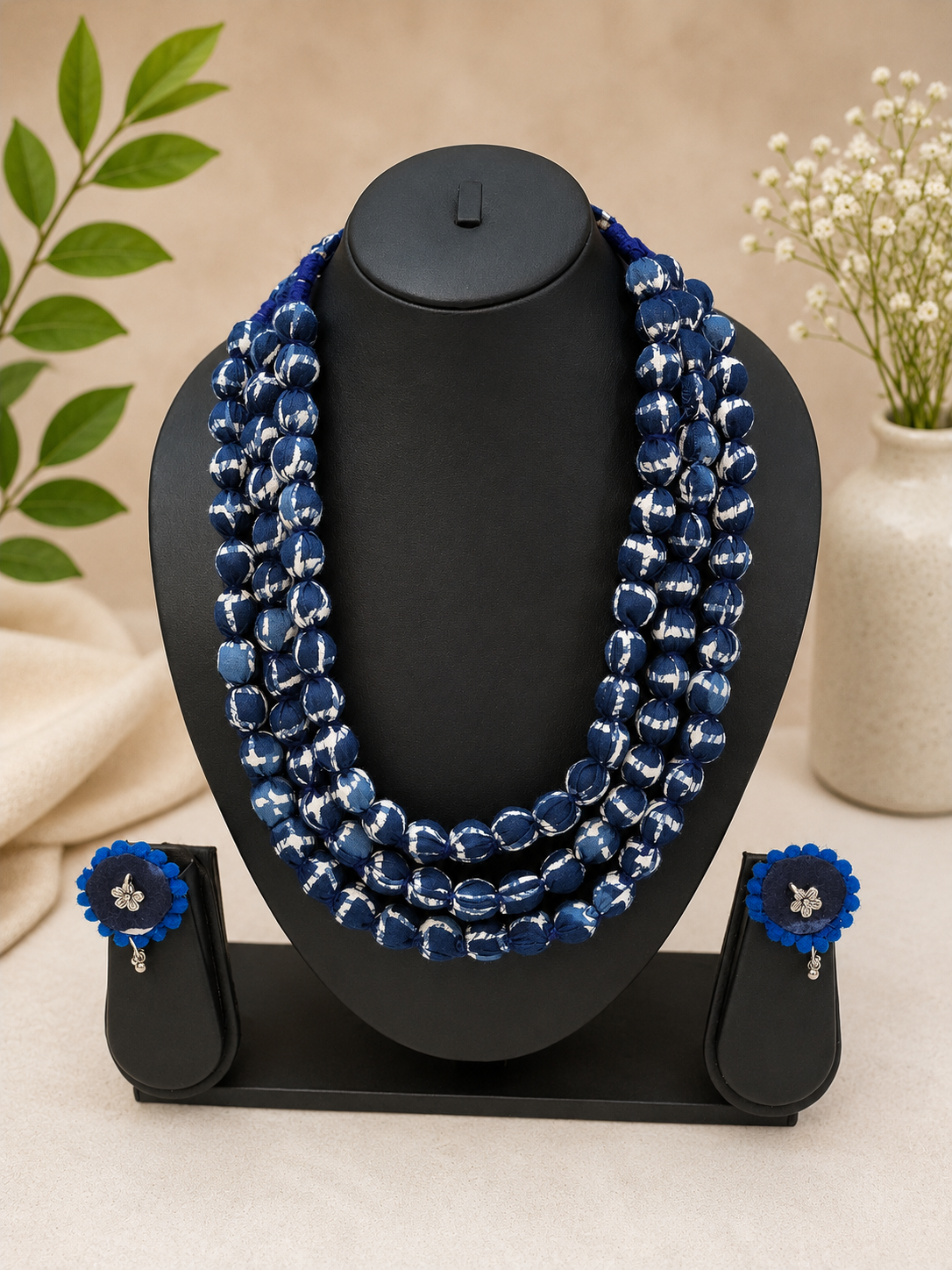 Fabric Beaded Layered Necklace Set