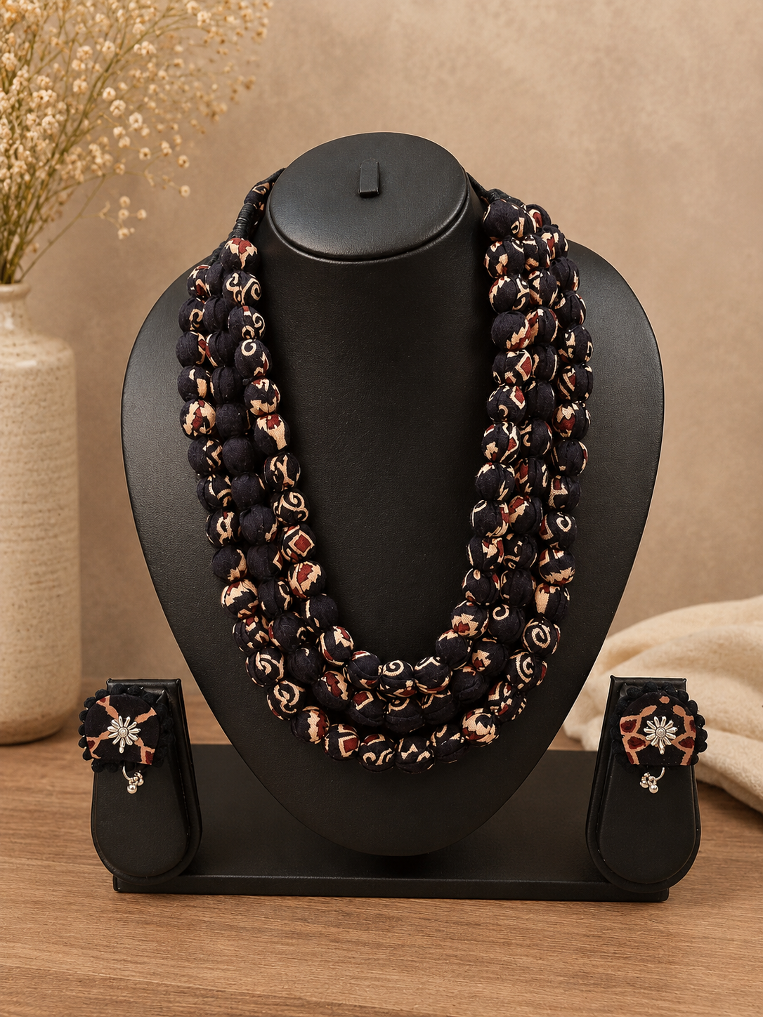Fabric Beaded Layered Necklace Set