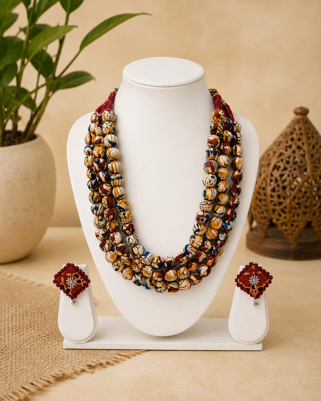 Fabric Beaded Layered Necklace Set