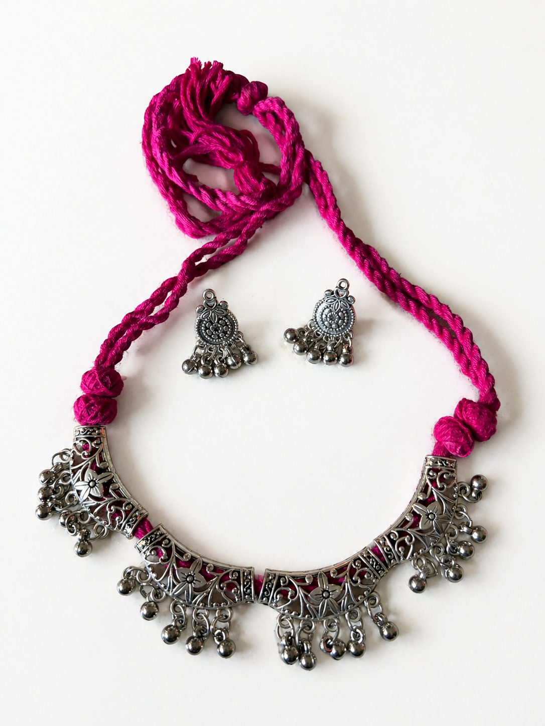 Threaded Oxidised Floral Choker Set