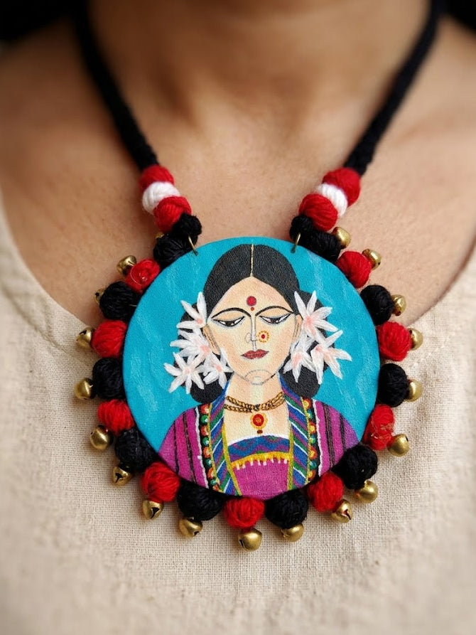 Handpainted Folk Art Fabric Pendant Necklace