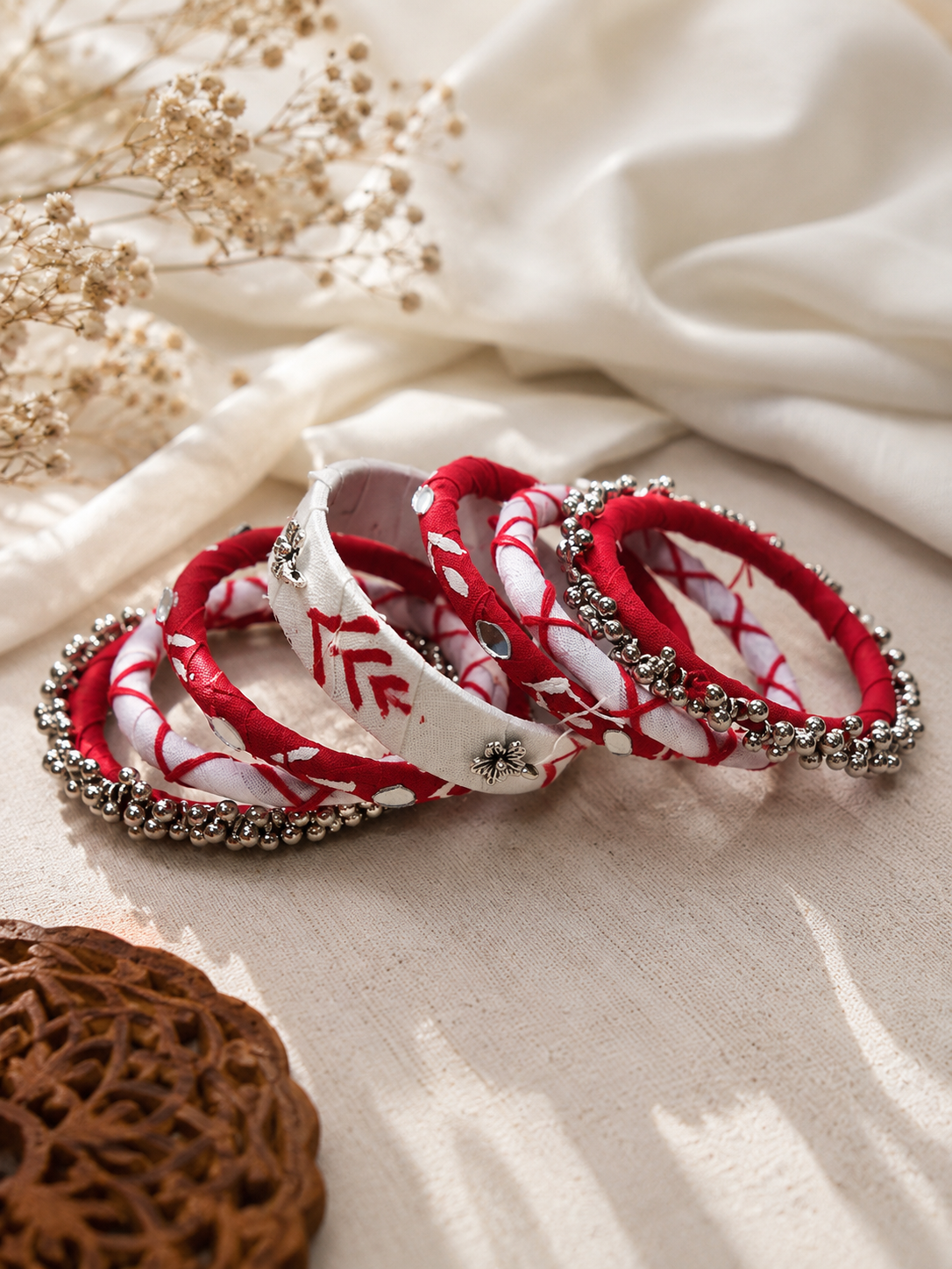 Crimson Ajrak Fabric Bangle Set