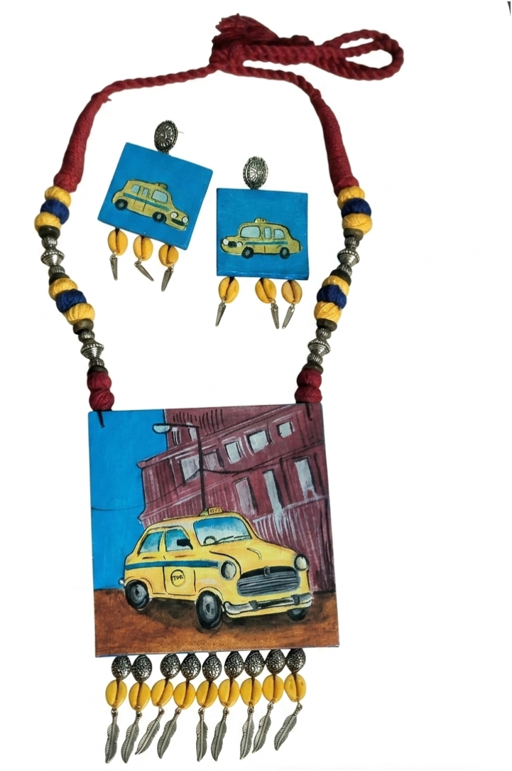 Yellow Taxi Hand Painted Necklace Set