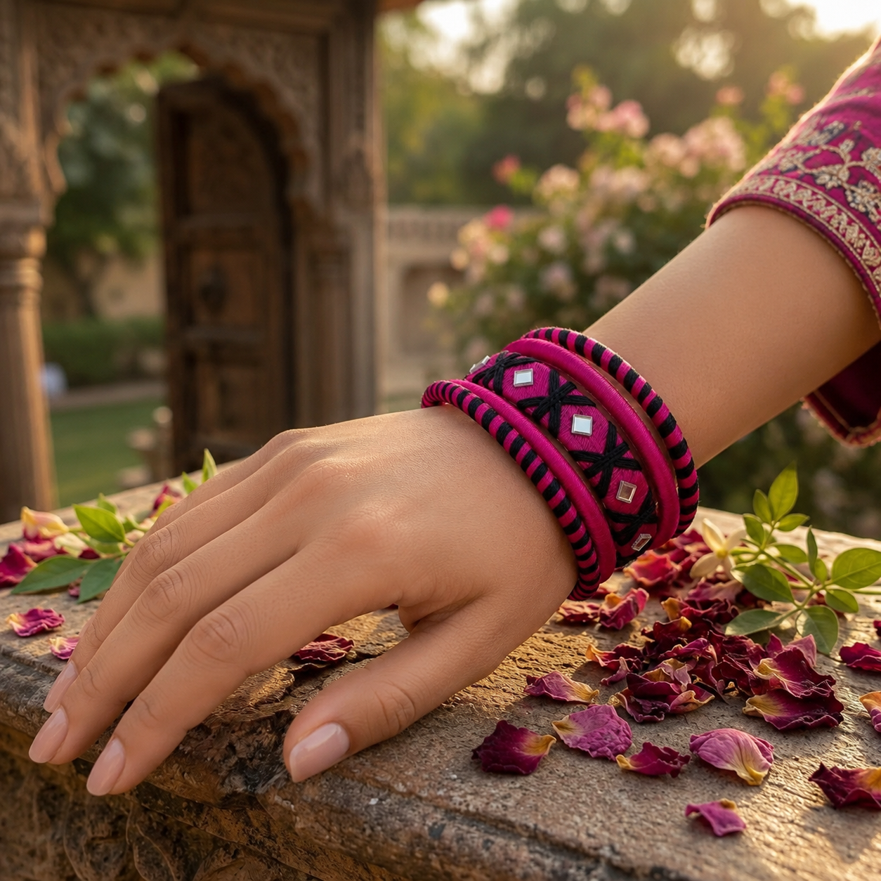 Pink Surya Rang Threadwork Bangle Set