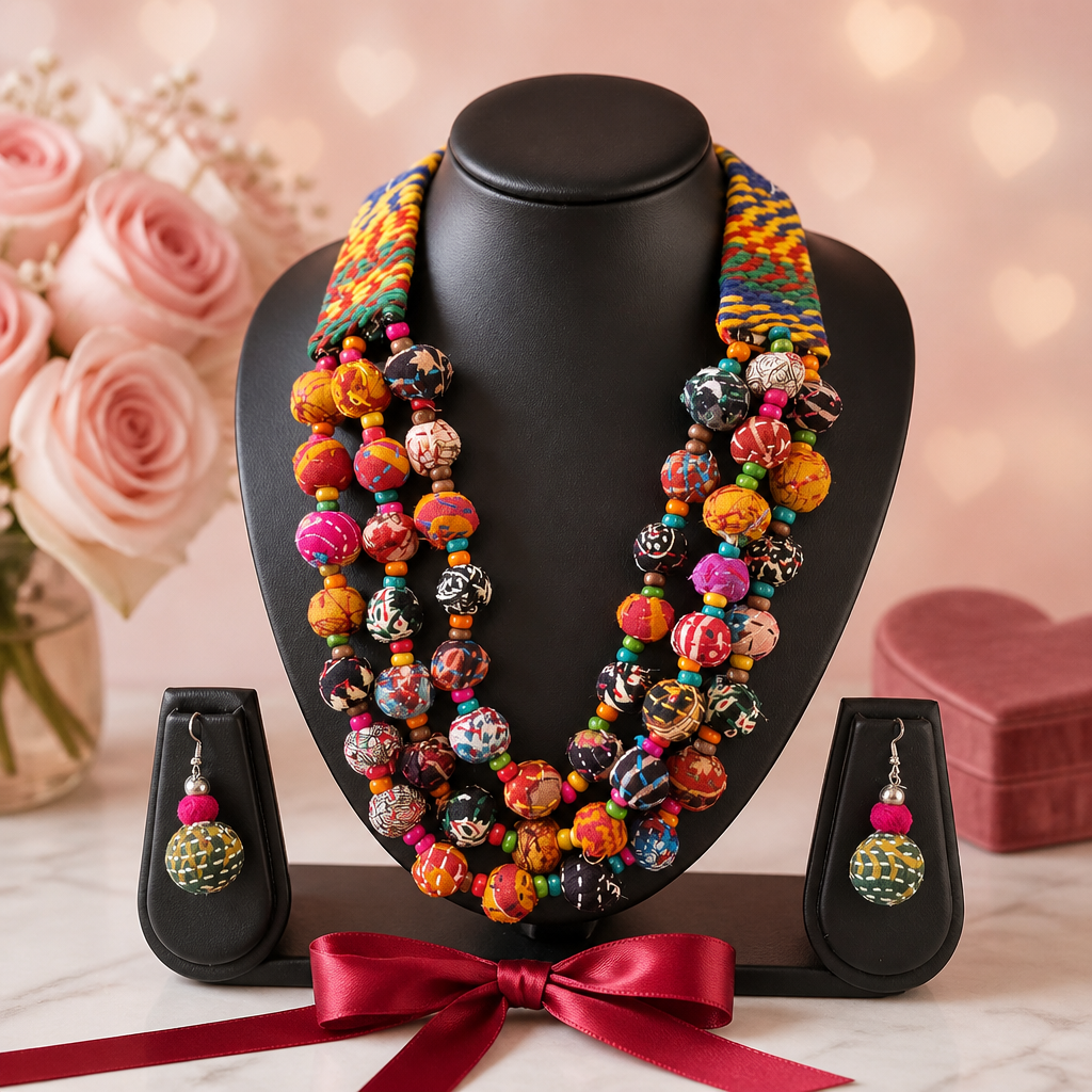 Boho Multicolour Fabric Beaded Necklace Set