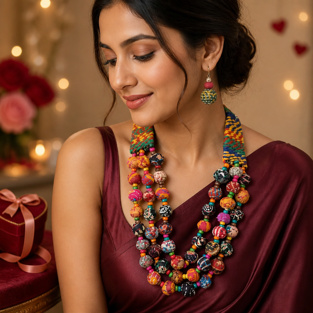 Boho Multicolour Fabric Beaded Necklace Set