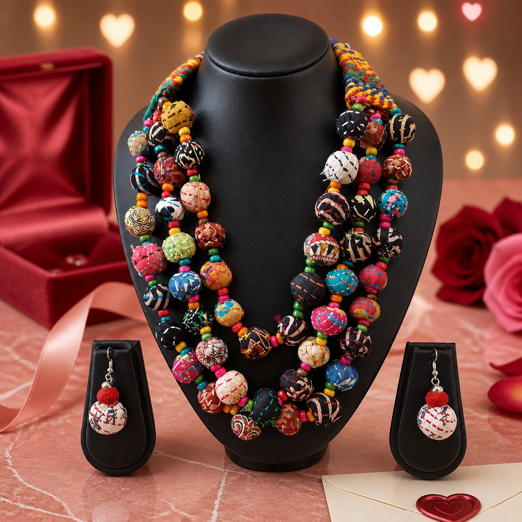 Boho Multicolour Fabric Beaded Necklace Set