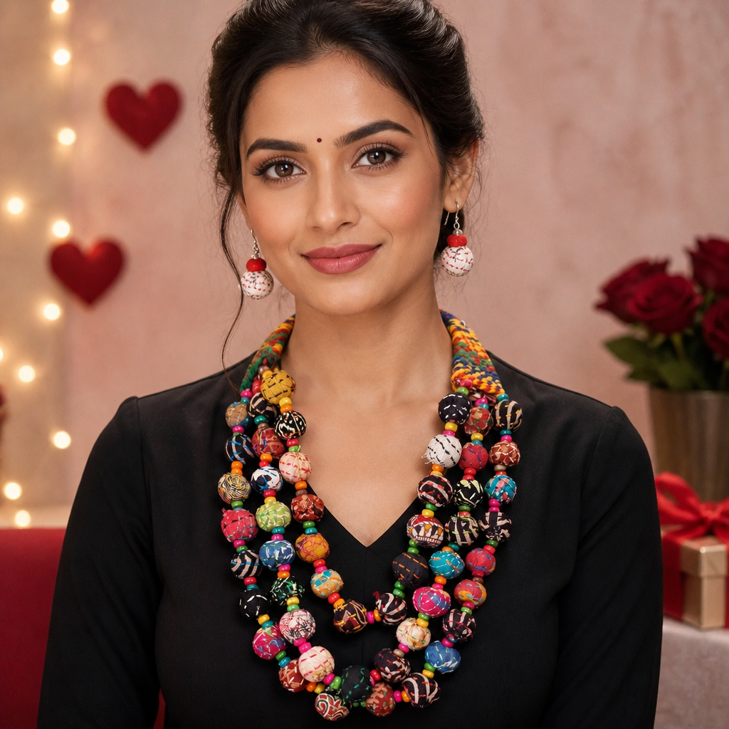 Boho Multicolour Fabric Beaded Necklace Set