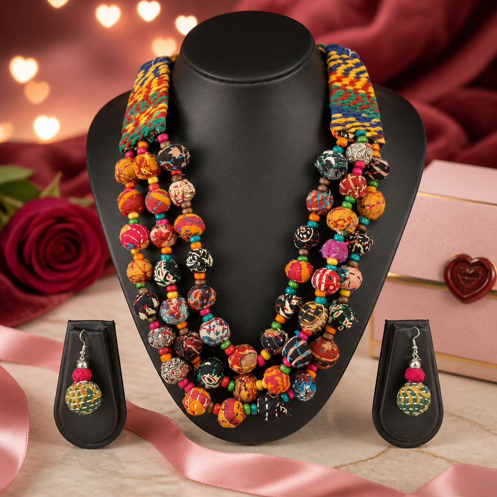 Boho Multicolour Fabric Beaded Necklace Set