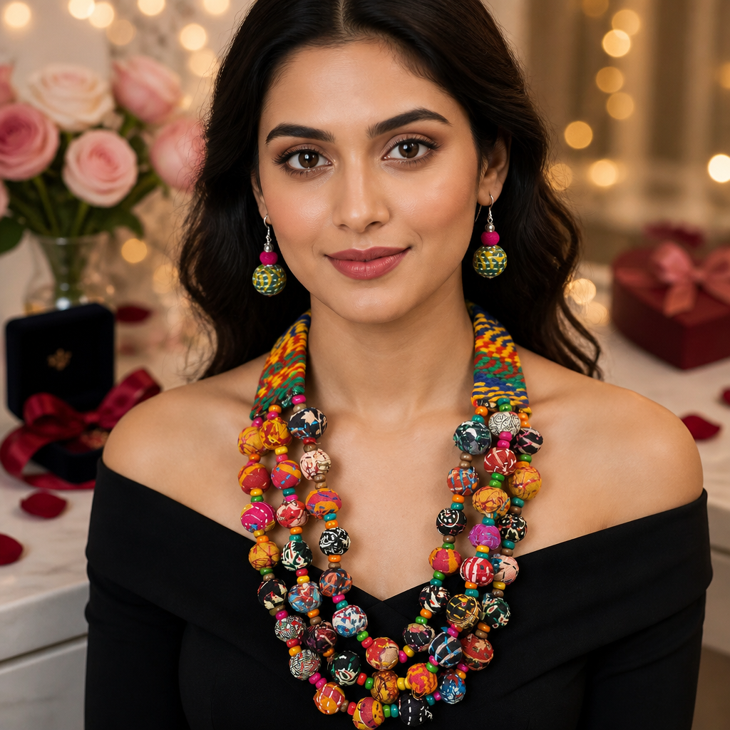 Boho Multicolour Fabric Beaded Necklace Set