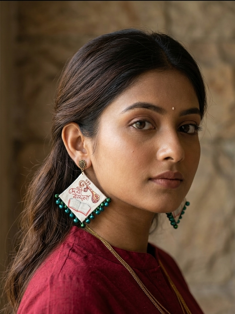Musical Motif Fabric Earrings with Beaded Fringe