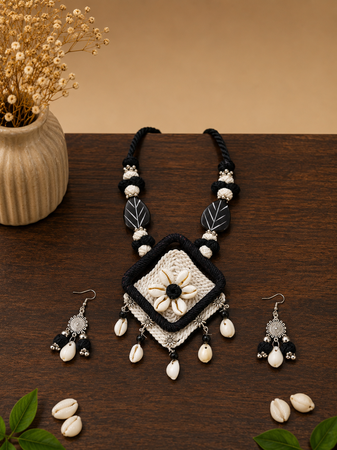 Handcrafted Floral Shell Pendant Necklace Set