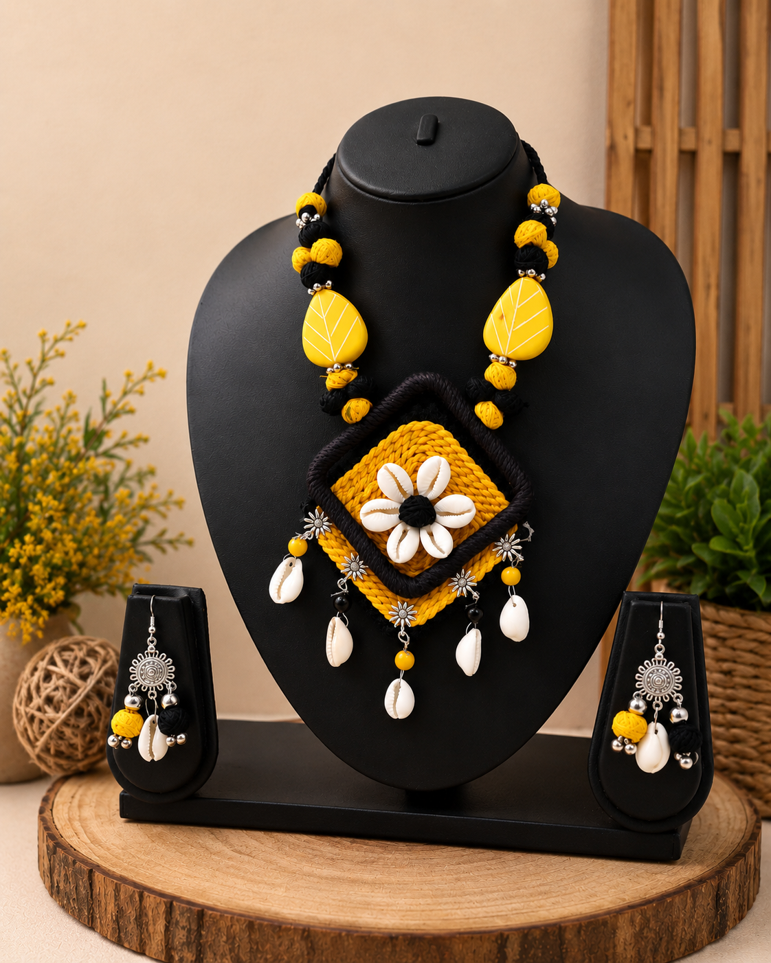 Handcrafted Floral Shell Pendant Necklace Set