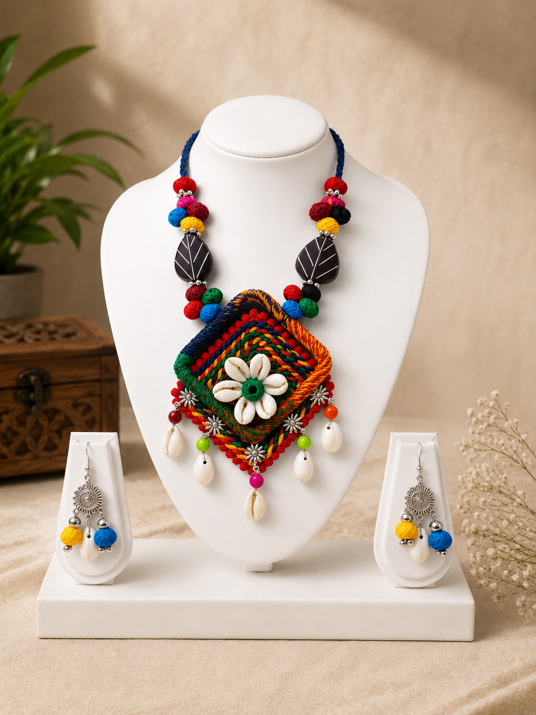 Handcrafted Floral Shell Pendant Necklace Set