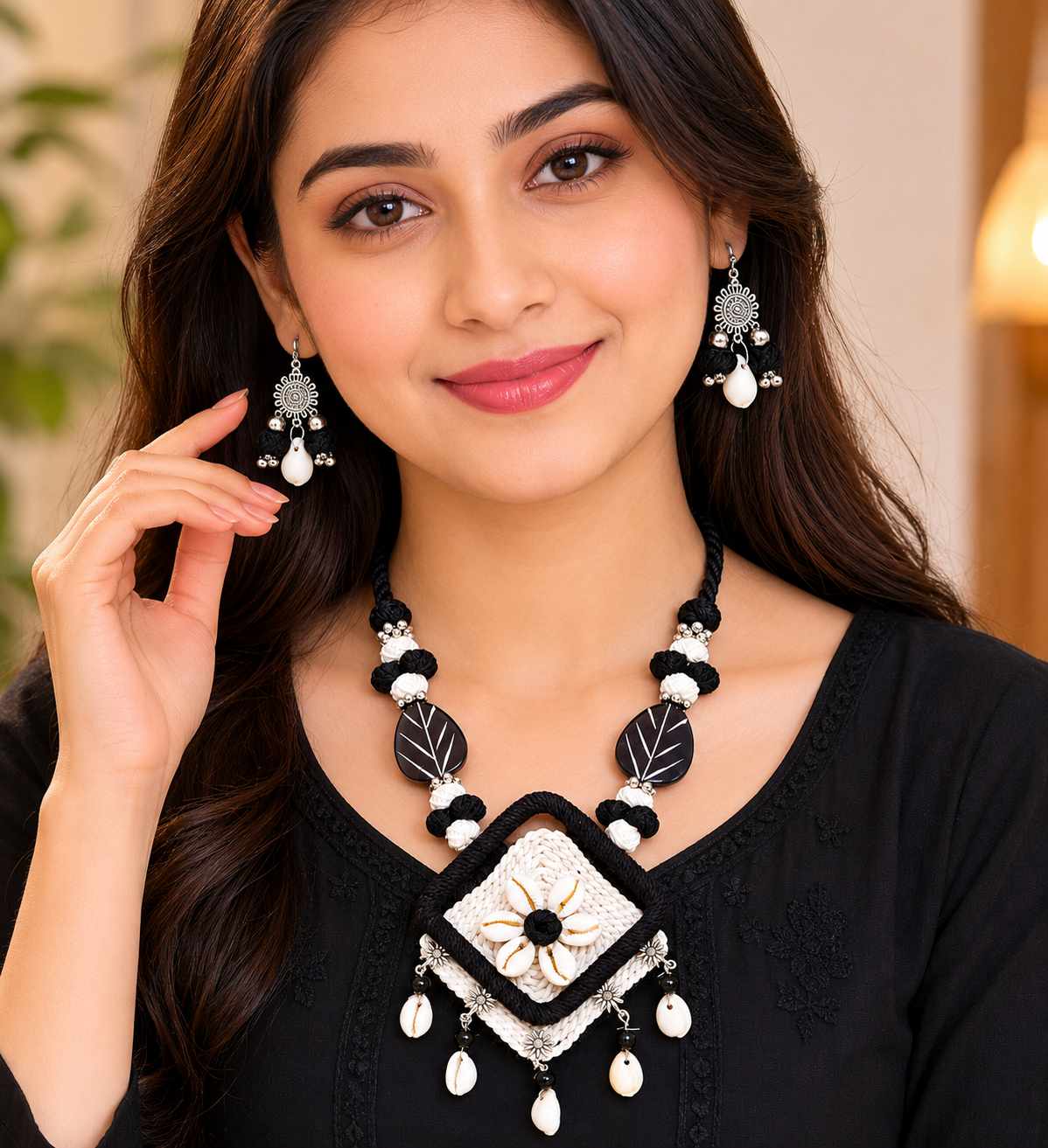 Handcrafted Floral Shell Pendant Necklace Set