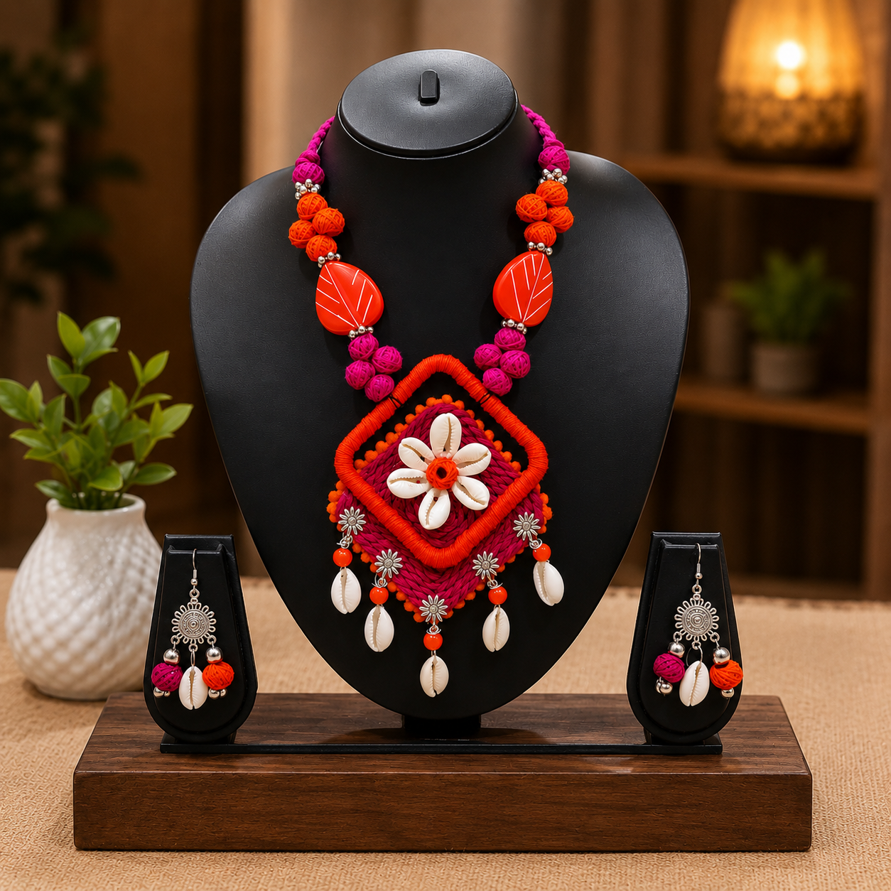 Handcrafted Floral Shell Pendant Necklace Set