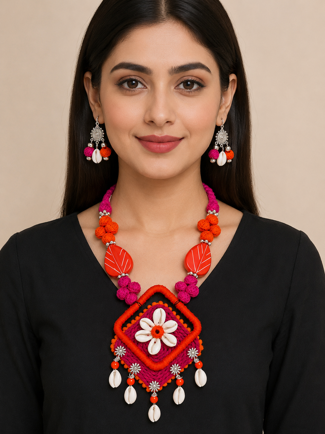 Handcrafted Floral Shell Pendant Necklace Set