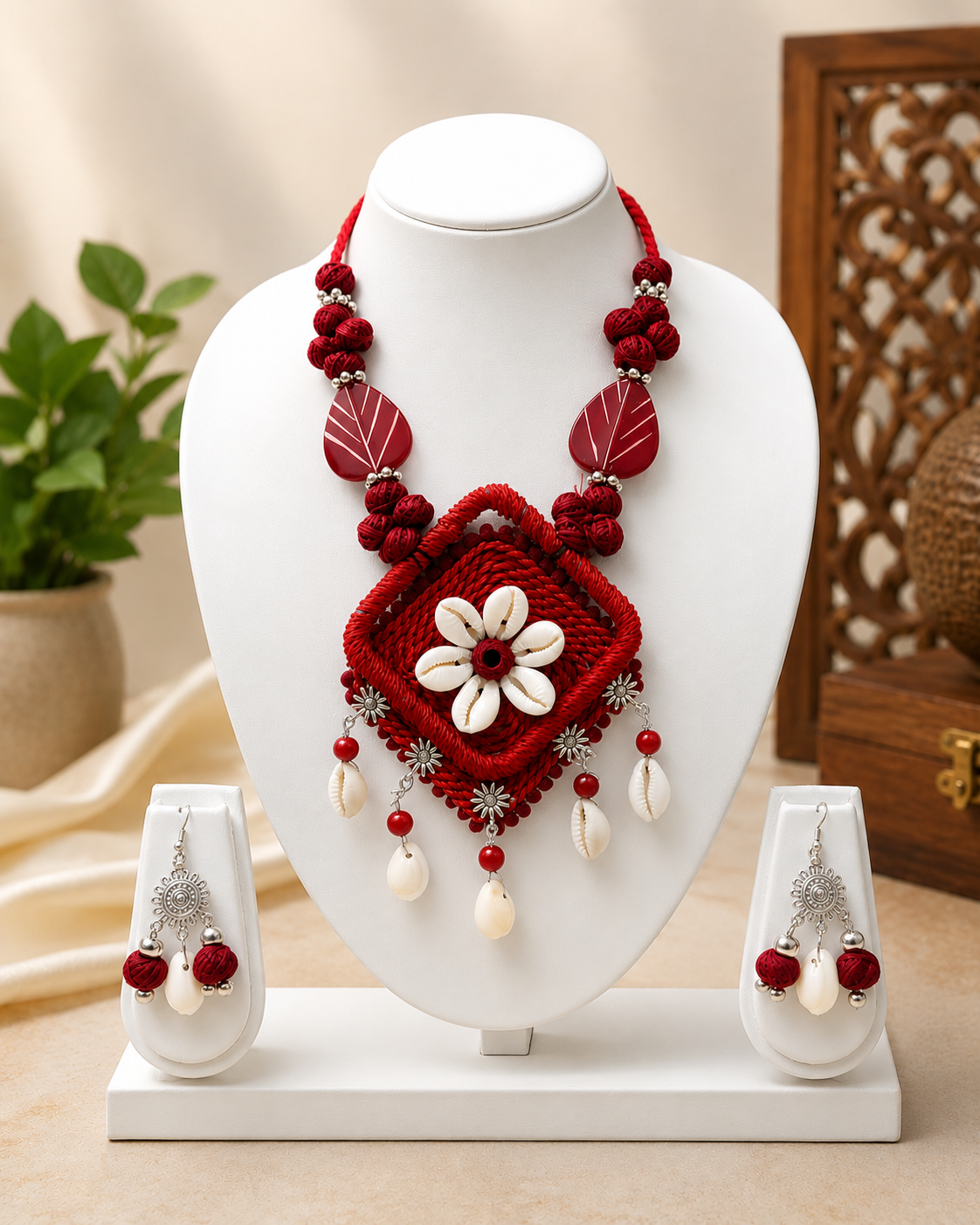 Handcrafted Floral Shell Pendant Necklace Set