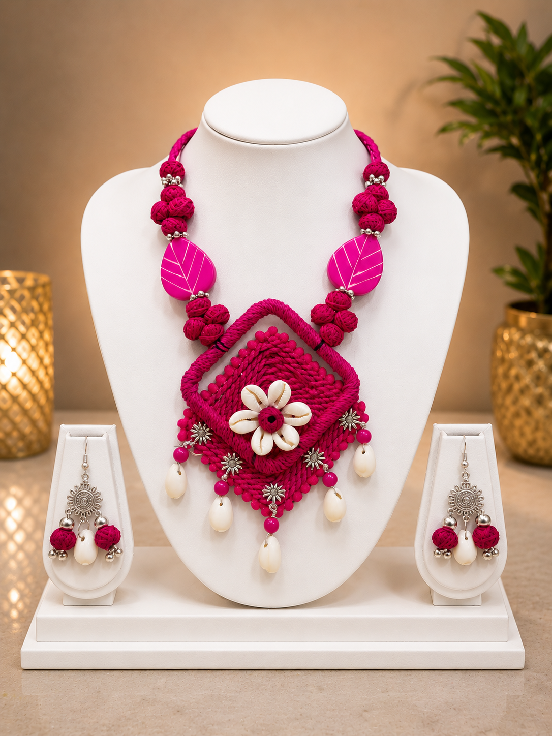 Handcrafted Floral Shell Pendant Necklace Set