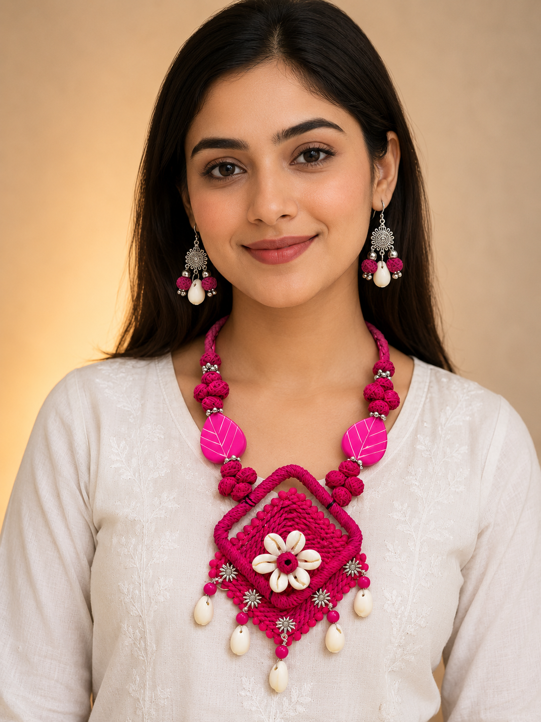 Handcrafted Floral Shell Pendant Necklace Set