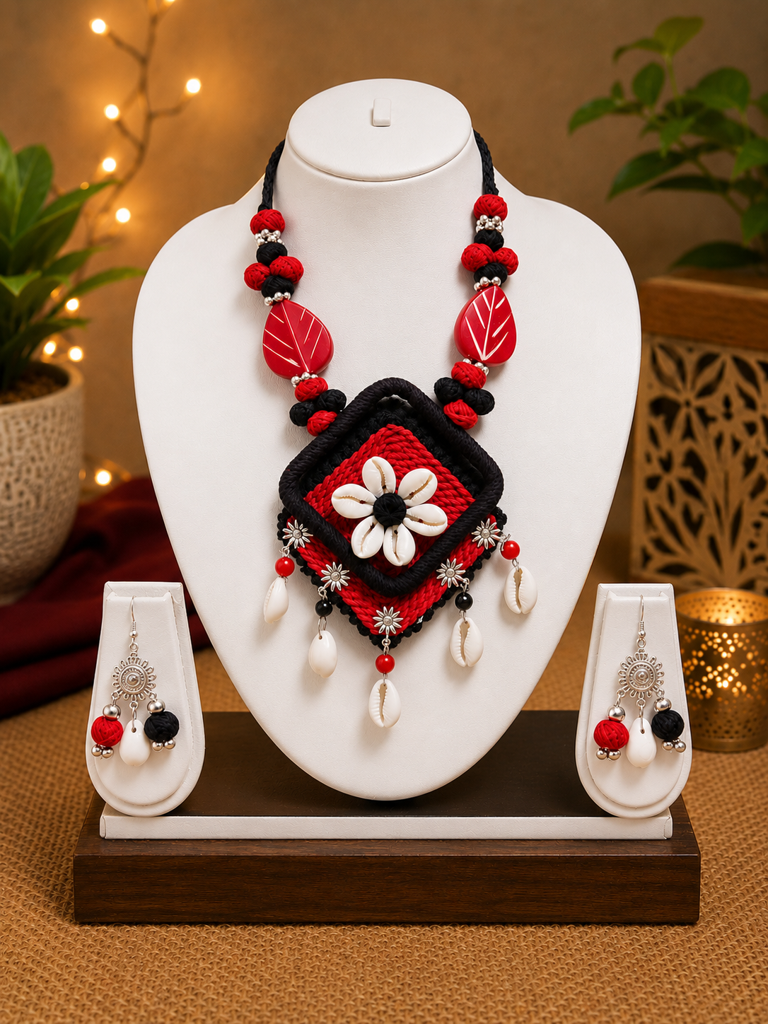 Handcrafted Floral Shell Pendant Necklace Set