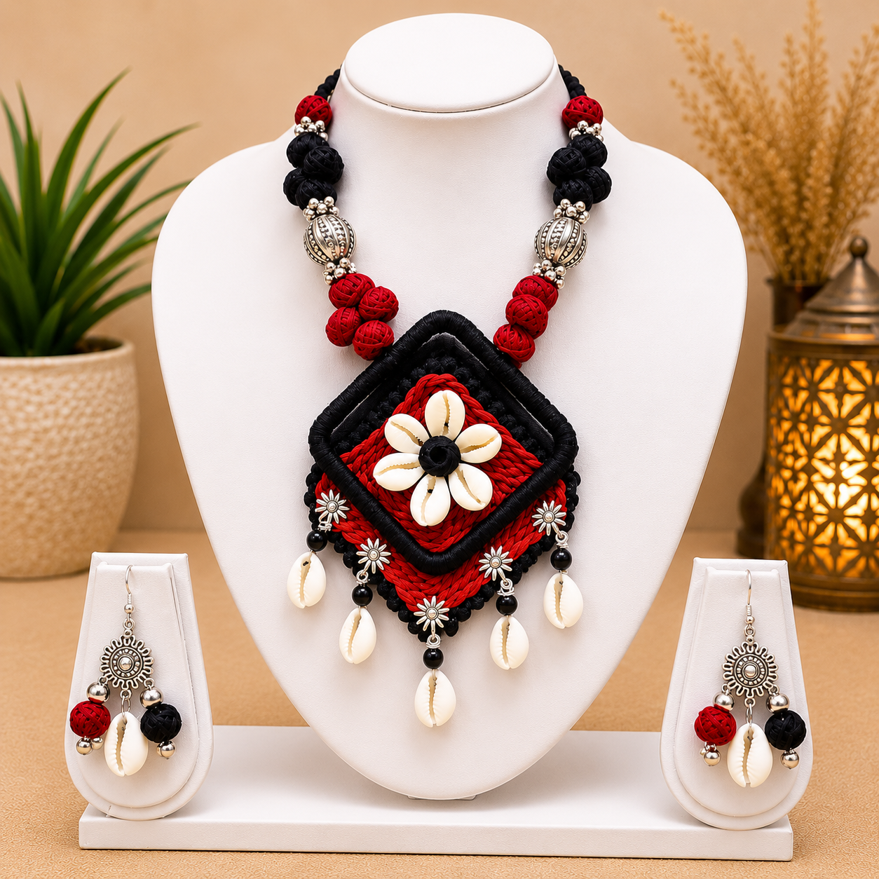 Handcrafted Floral Shell Pendant Necklace Set