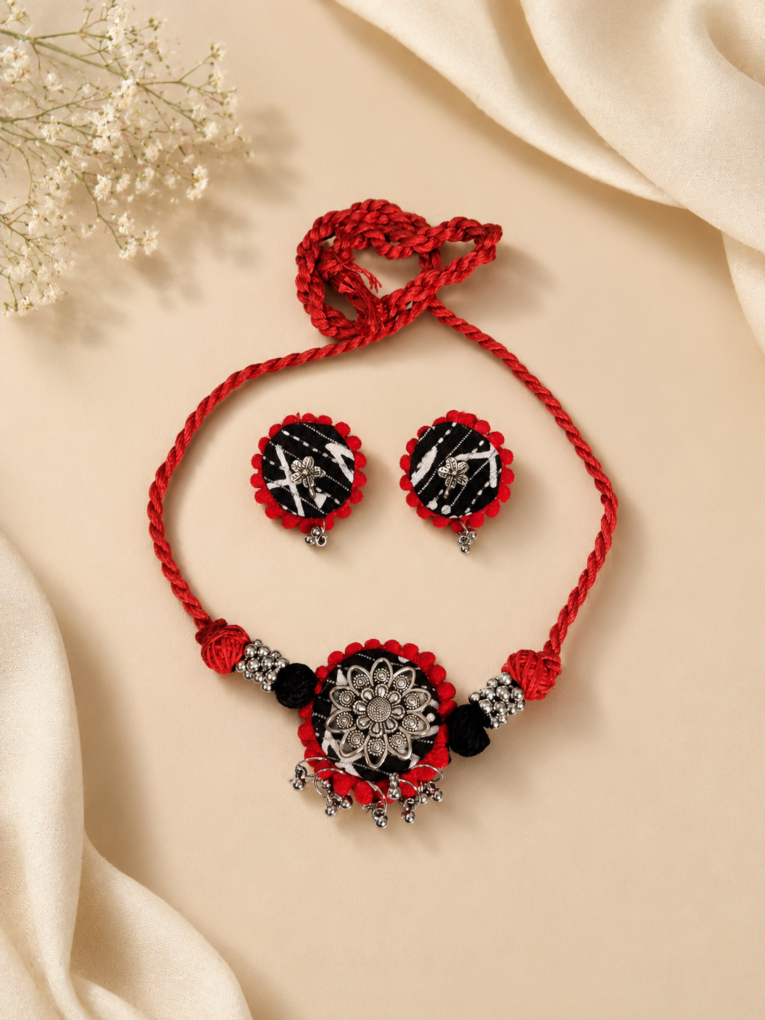 Rustic Tribal Fabric Choker Set with Silver Detailing