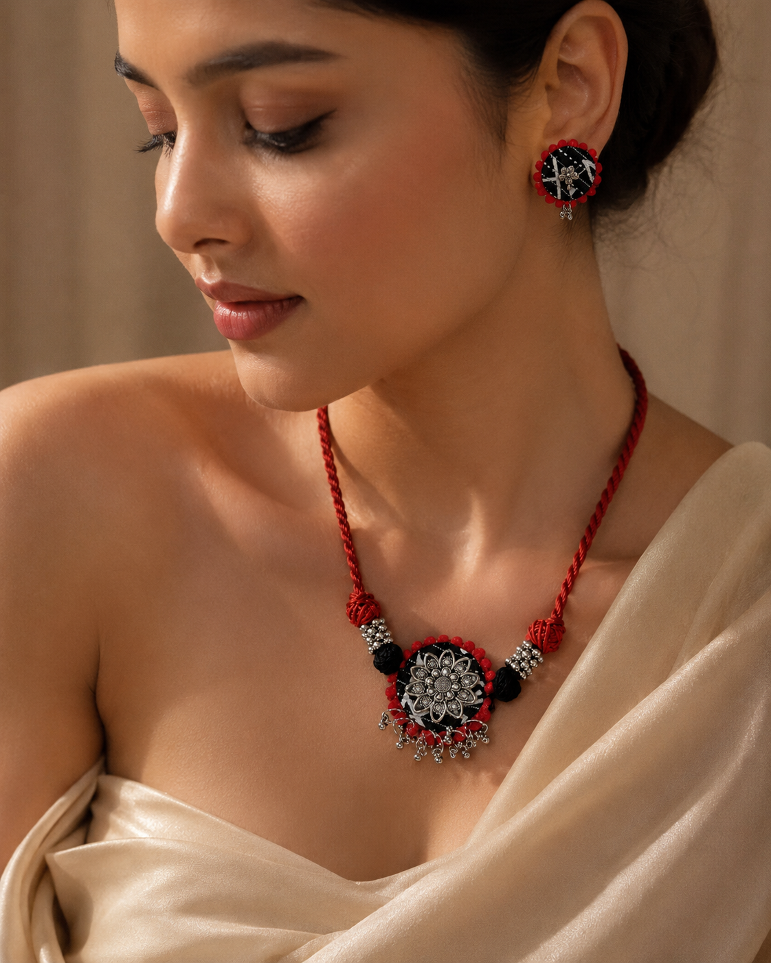 Rustic Tribal Fabric Choker Set with Silver Detailing