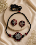 Rustic Tribal Fabric Choker Set with Silver Detailing