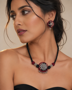Rustic Tribal Fabric Choker Set with Silver Detailing