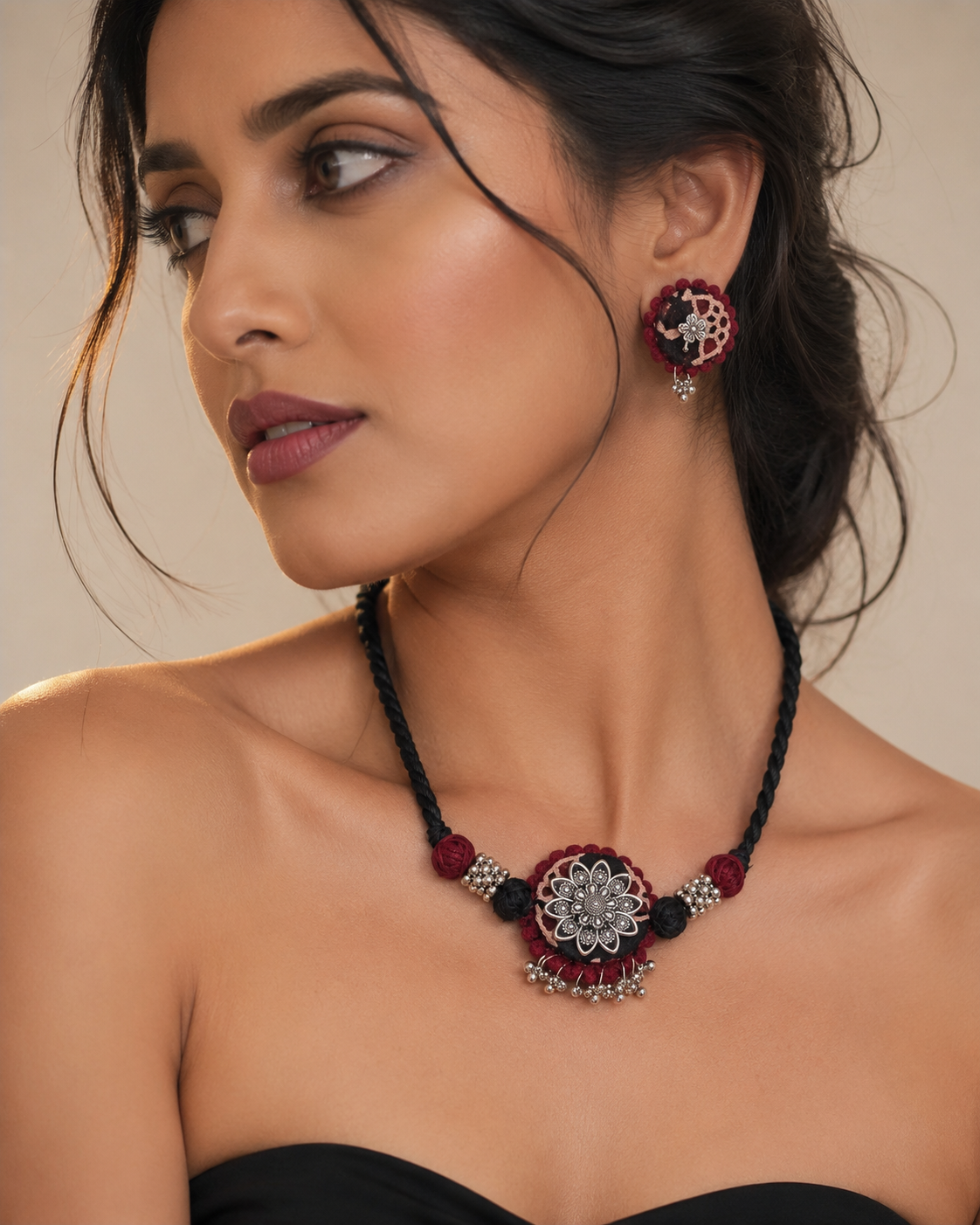 Rustic Tribal Fabric Choker Set with Silver Detailing