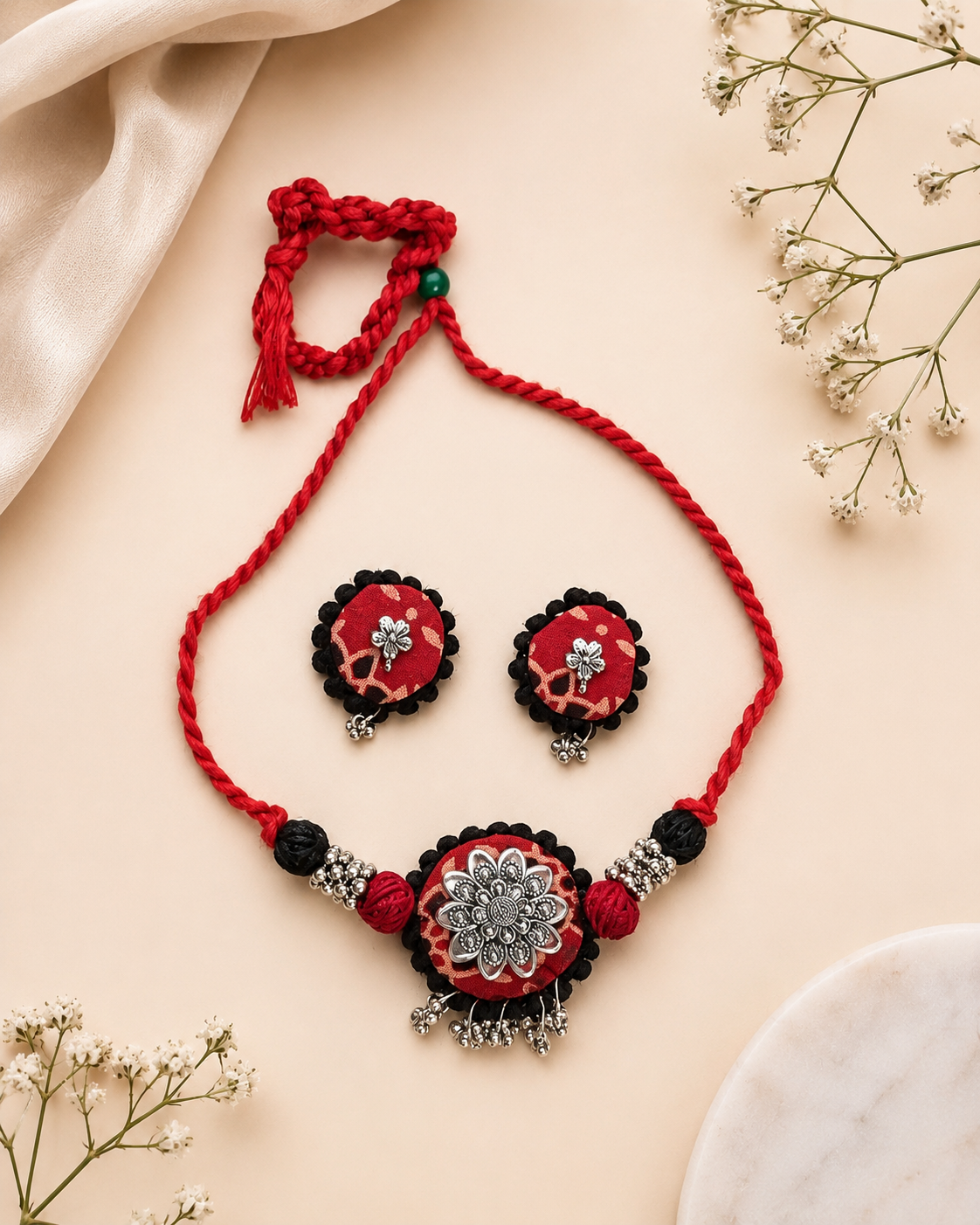Rustic Tribal Fabric Choker Set with Silver Detailing