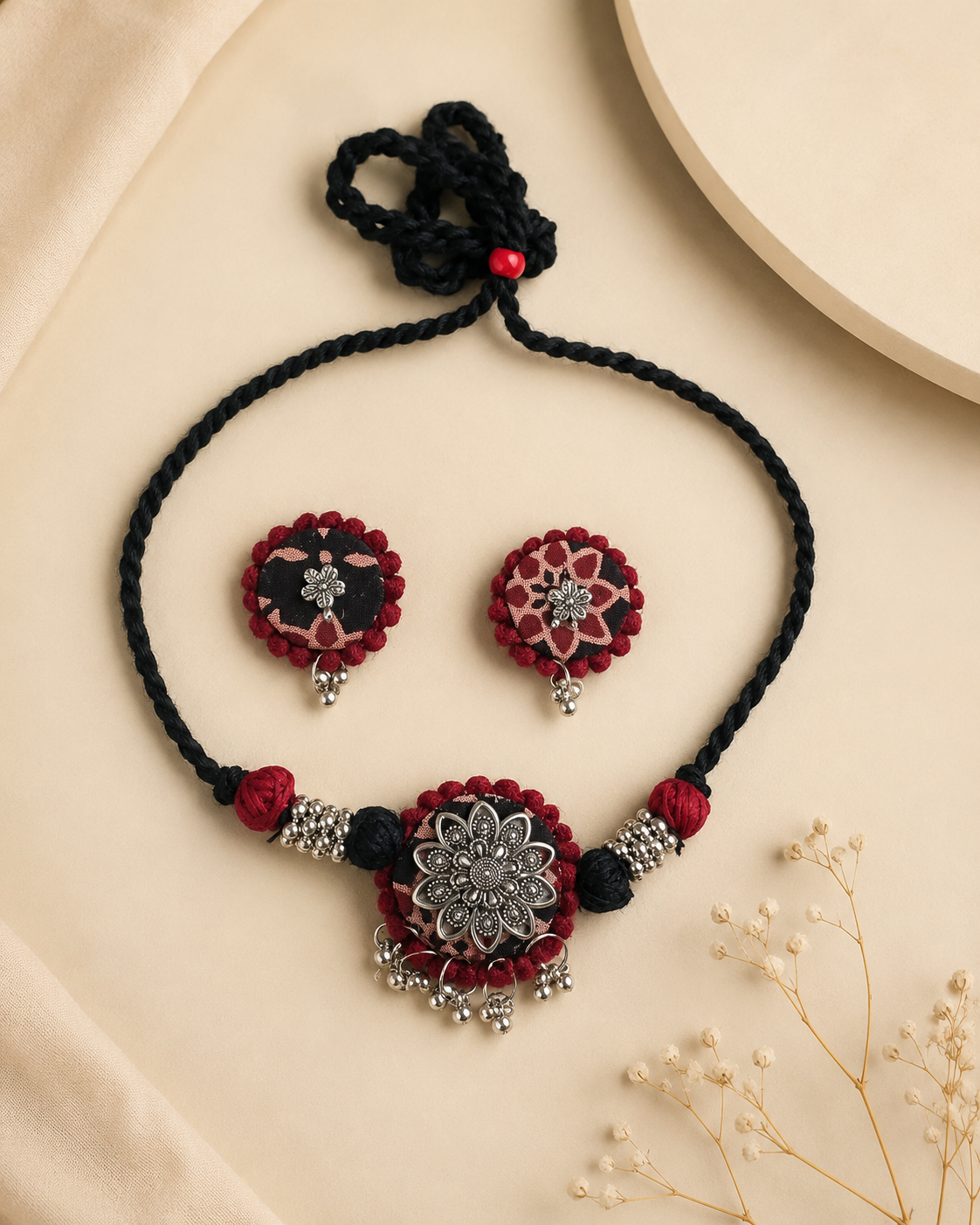 Rustic Tribal Fabric Choker Set with Silver Detailing