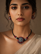 Rustic Tribal Fabric Choker Set with Silver Detailing