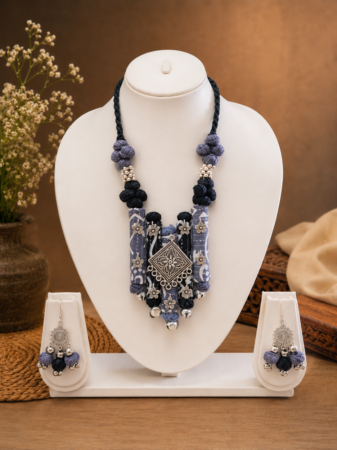 Ethnic Fabric and Oxidised Metal Necklace