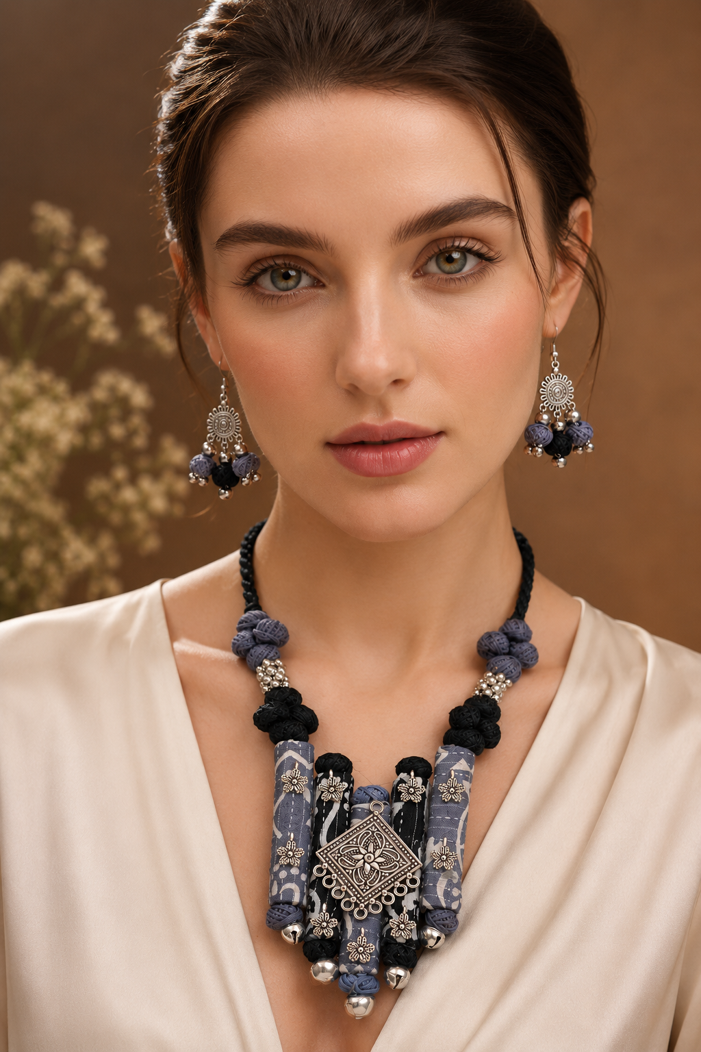 Ethnic Fabric and Oxidised Metal Necklace