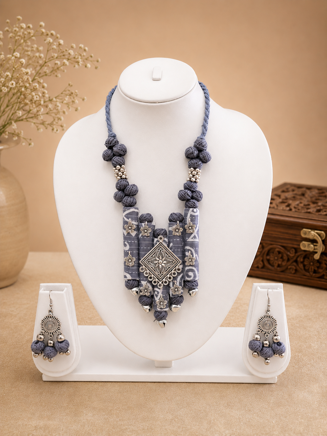 Ethnic Fabric and Oxidised Metal Necklace
