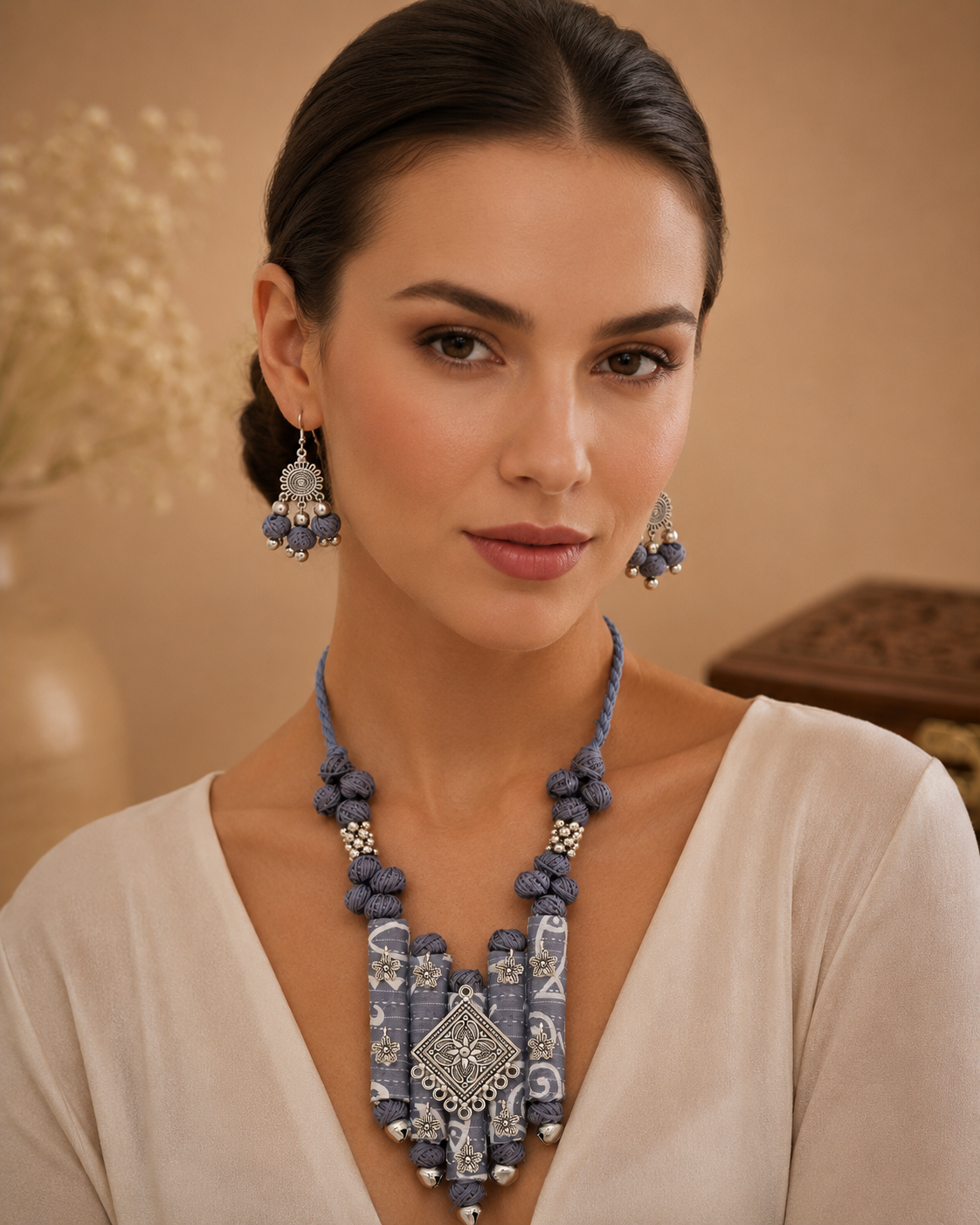 Ethnic Fabric and Oxidised Metal Necklace