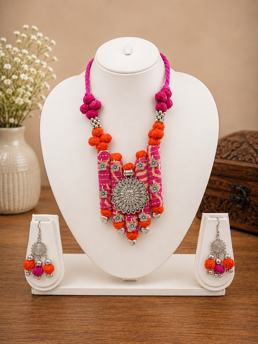 Ethnic Fabric and Oxidised Metal Necklace