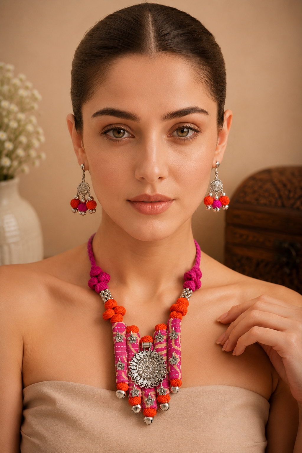 Ethnic Fabric and Oxidised Metal Necklace