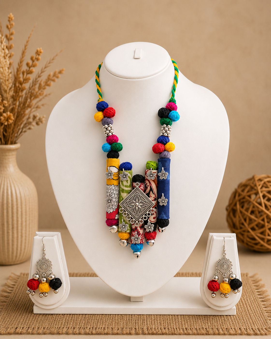 Ethnic Fabric and Oxidised Metal Necklace